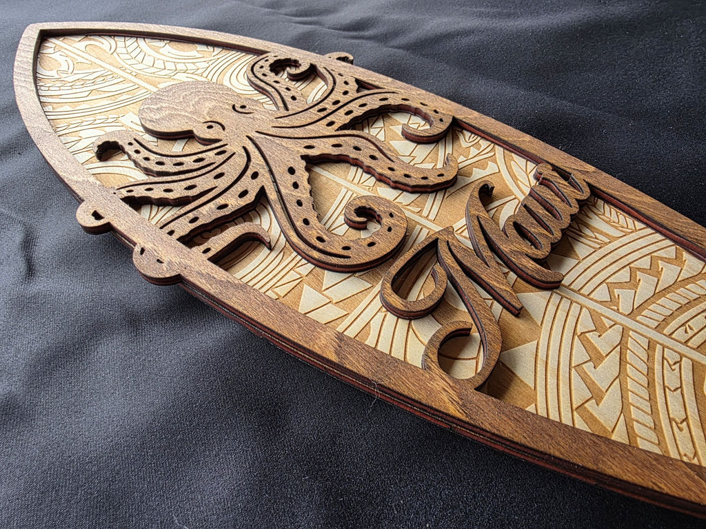 Laser Engraved Wall Hanging Octopus Surfboard
