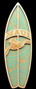 Decorative surfboard-shaped sign with turtle design and 'Maui' text on a black background