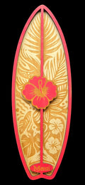 Decorative surfboard-shaped card with floral design and 'Maui' text on a black background