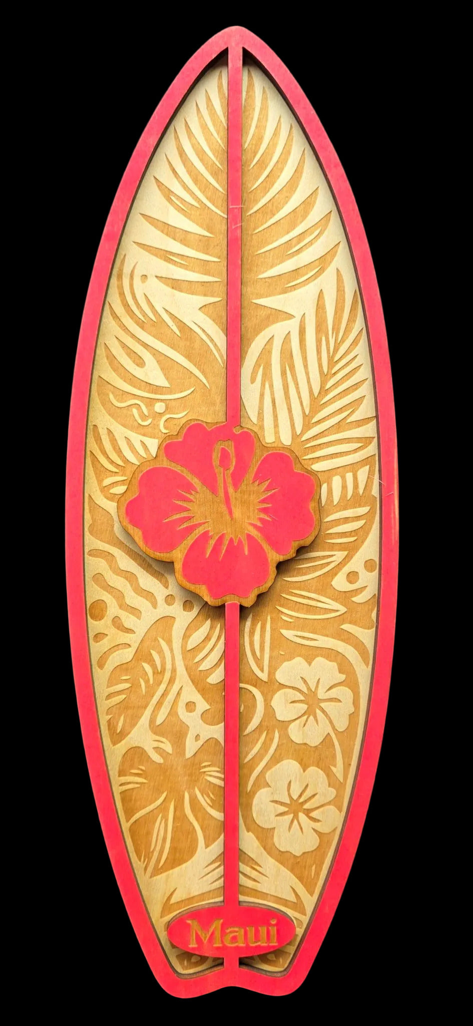 Decorative surfboard-shaped card with floral design and 'Maui' text on a black background