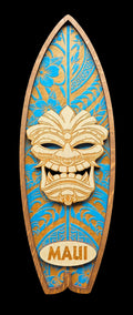 Wooden surfboard-shaped decorative item with Tiki mask design and 'Maui' text on a black background