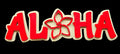 Red 'ALOHA' sign with a red flower on a black background