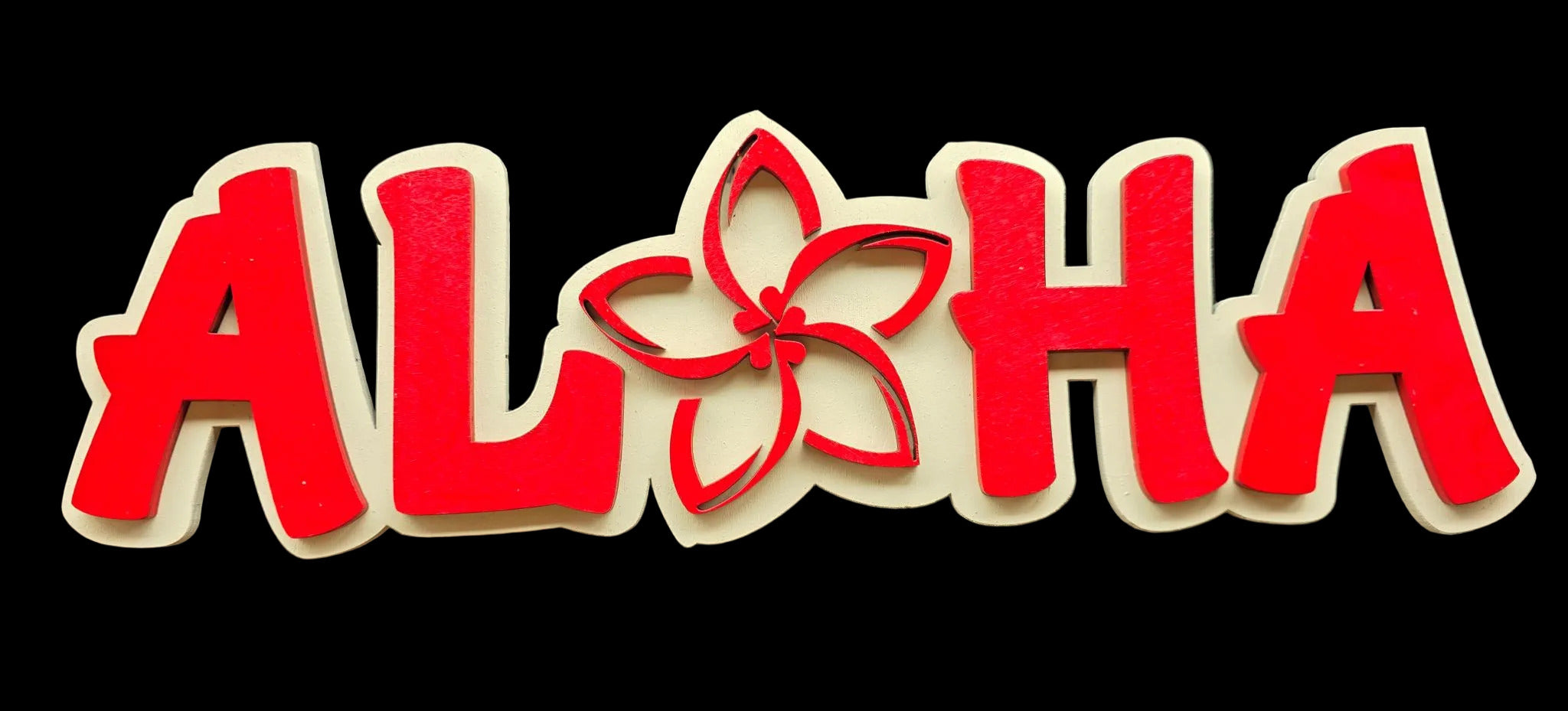 Red 'ALOHA' sign with a red flower on a black background