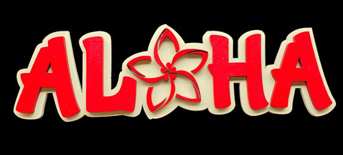 Red 'ALOHA' sign with a red flower on a black background