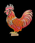 Colorful rooster sculpture on a black background
