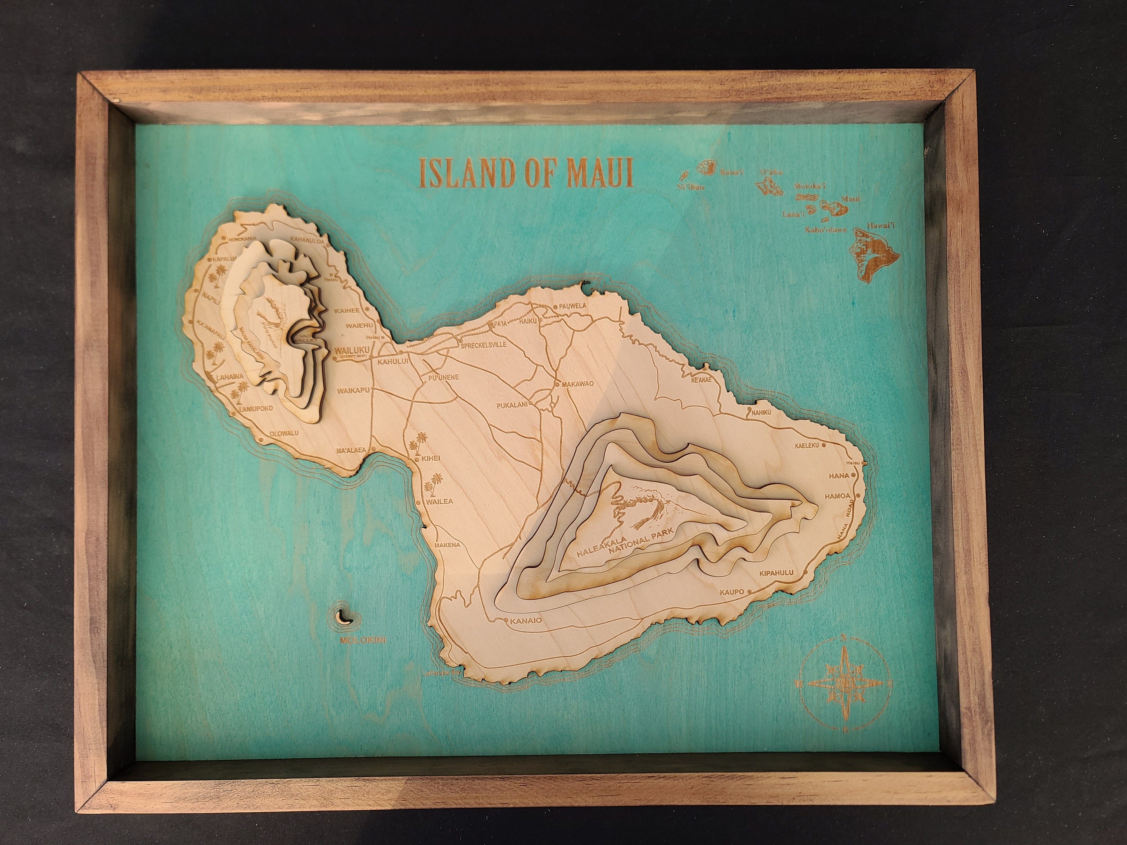Laser Engraved 3D Wood Map of Maui, Hawaii