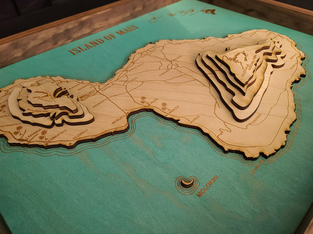 Laser Engraved 3D Wood Map of Maui, Hawaii