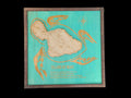 Wooden map of Malta with turquoise background and brown frame on a dark surface