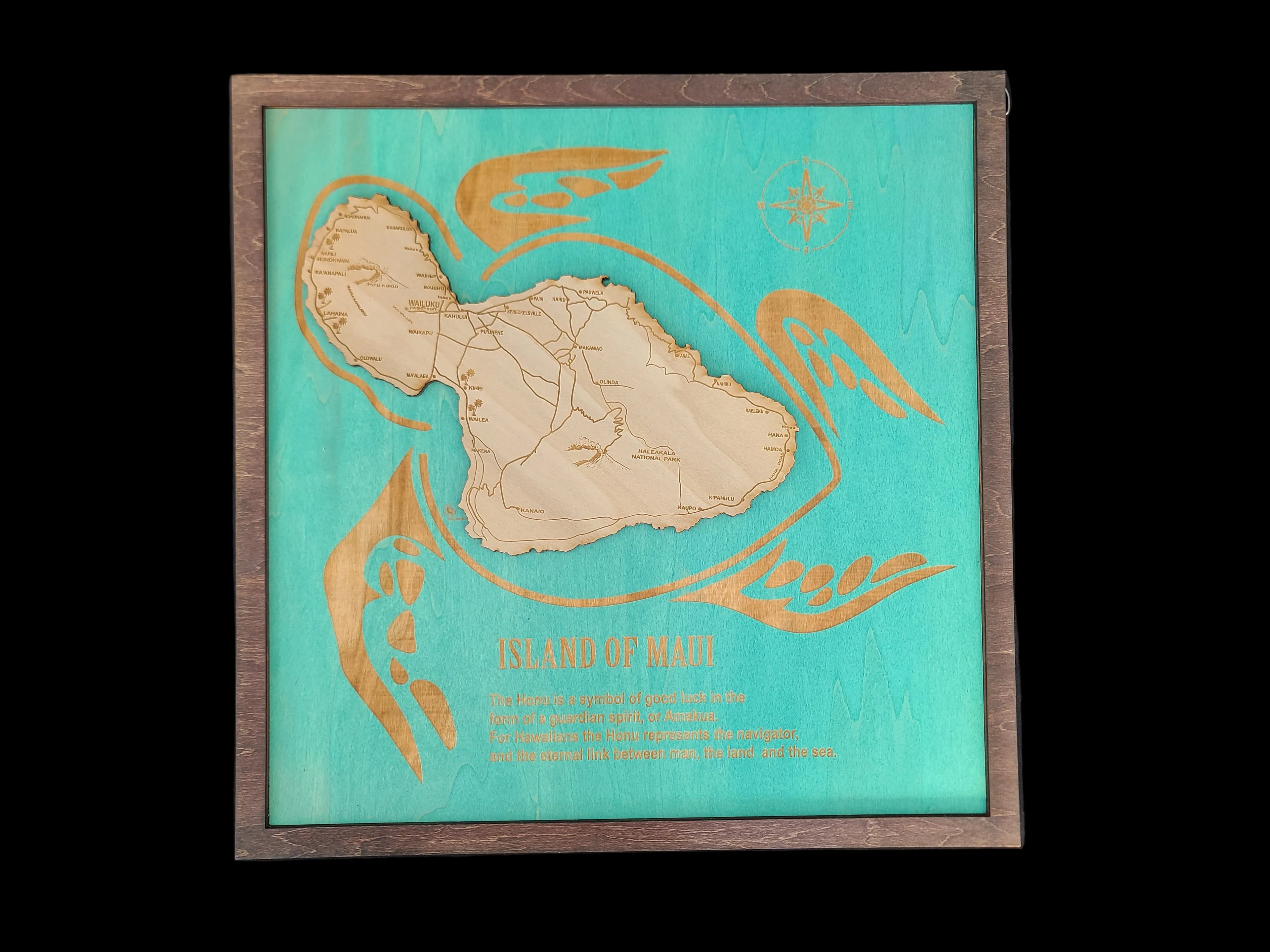 Wooden map of Malta with turquoise background and brown frame on a dark surface
