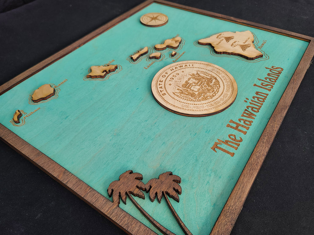 Laser Engraved Hawaiian Islands Wood Map